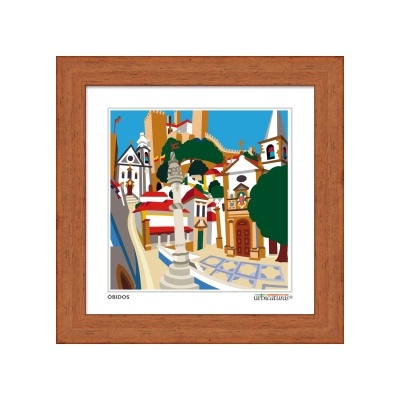 Quadro decorativo da vila de Óbidos com moldura em madeira clara