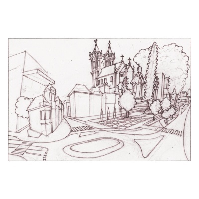 Desenho a lápis preto de paisagem urbana com igreja e árvores