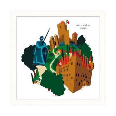 Ilustração colorida de castelos e estátua em Guimarães com texto GUIMARÃES LUGARES DE PORTUGAL