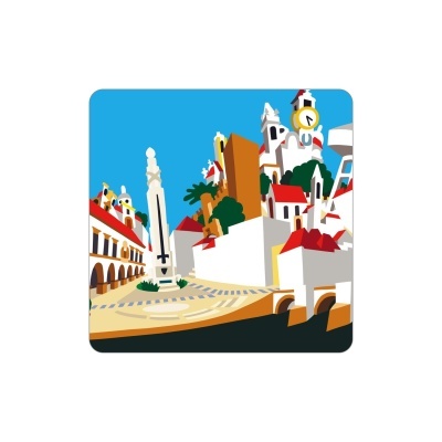 Ilustração colorida de praça e monumento com prédios brancos e telhados vermelhos