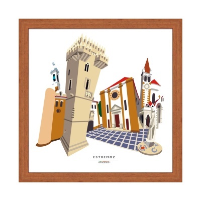 Ilustração de monumentos de Estremoz em quadro com moldura de madeira.