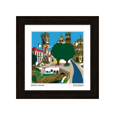 Ilustração colorida da Ribeira Grande com edifícios históricos e natureza, emoldurada em madeira escura