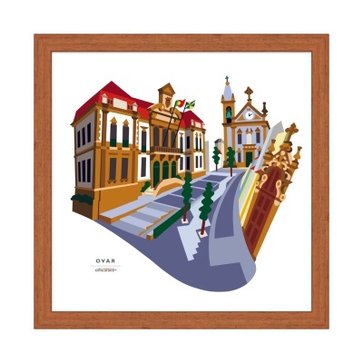 Ilustração digital de edifícios de Ovar emoldurada em madeira.