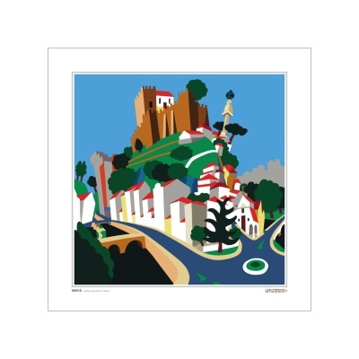 Ilustração gráfica de paisagem urbana com castelo e edifícios coloridos