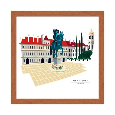 Quadro com ilustração de praça em Vila Viçosa com estátua e edifício ao fundo