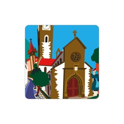 Ilustração de castelo com torre de relógio e árvores