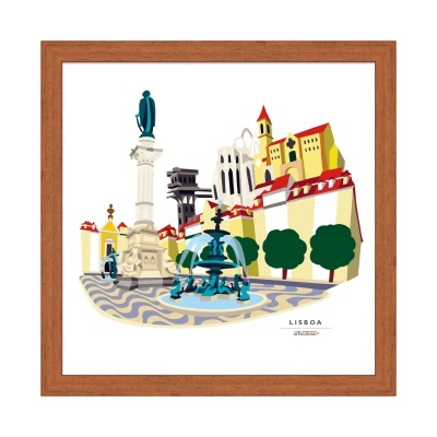 Ilustração colorida de monumentos de Lisboa em moldura de madeira
