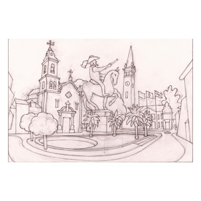 Desenho a lápis de estátua e edifícios com torres e palmeiras