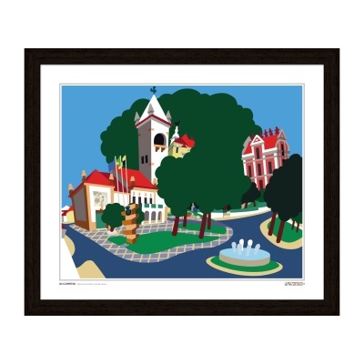 Quadro colorido de parque urbano com árvores, fonte, edifícios e céu azul