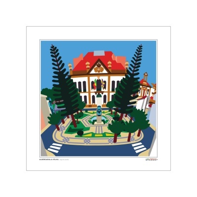 Ilustração de edifício com jardim e árvores em frente com passadeiras