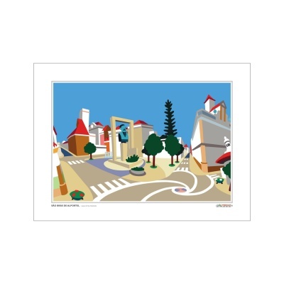 Ilustração digital estilizada de uma área urbana com edifícios, árvores e fonte