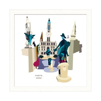 Ilustração colorida de monumentos do Porto, emoldurada a branco