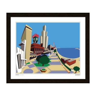 Ilustração digital de paisagem urbana e mar com sinal CASINO