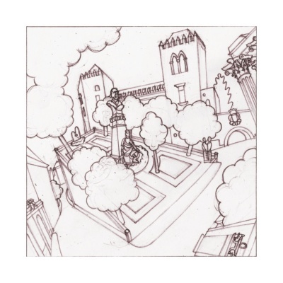 Desenho a lápis de uma praça com estátuas, árvores e edifícios