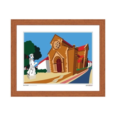 Quadro em moldura de madeira com ilustração de igreja castanha e estátua branca