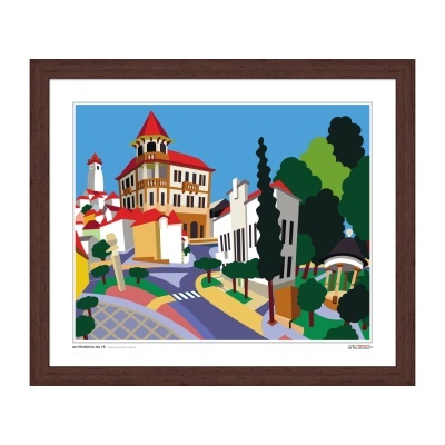Quadro com impressão artística colorida de paisagem urbana com edifícios e árvores