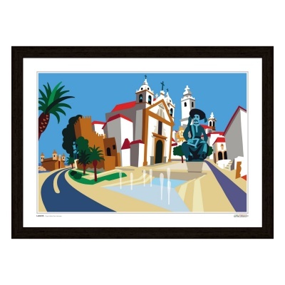 Ilustração estilizada de praça com igreja, palmeiras, fonte e estátua em moldura preta