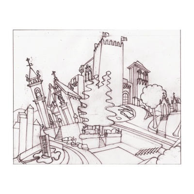 Desenho a traço preto de paisagem urbana com torres e árvores geométricas