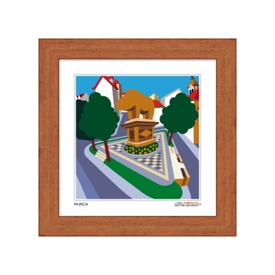 Ilustração de praça em Murça com escultura e árvores em quadro de madeira