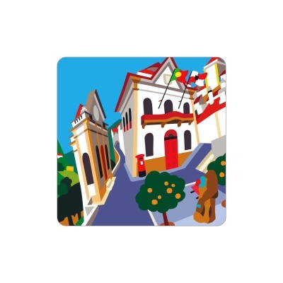 Ilustração colorida de edifícios e árvores numa rua