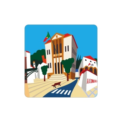 Ilustração de edifício público com bandeira e edifícios ao redor