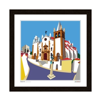 Quadro decorativo com imagem gráfica de igreja em moldura preta