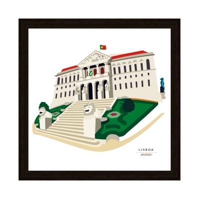 Ilustração gráfica de edifício público em Lisboa com escadas e esculturas de leões.