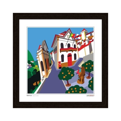 Ilustração colorida de praça com edifícios, árvores e estátua
