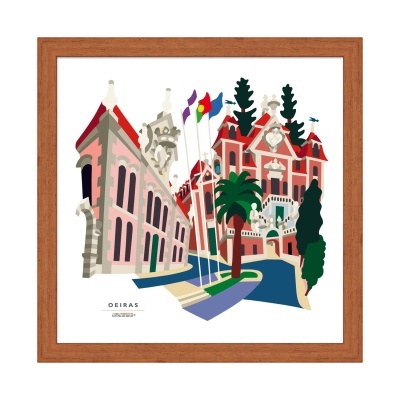 Quadro decorativo com ilustração de edifícios históricos em Oeiras com moldura de madeira