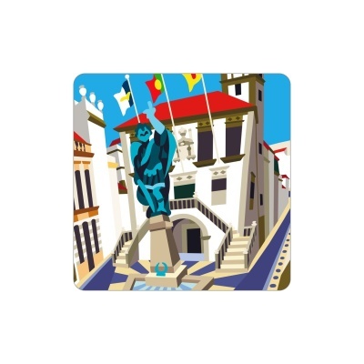 Ilustração gráfica de praça com estátua azul, edifício branco e bandeiras coloridas no céu azul.