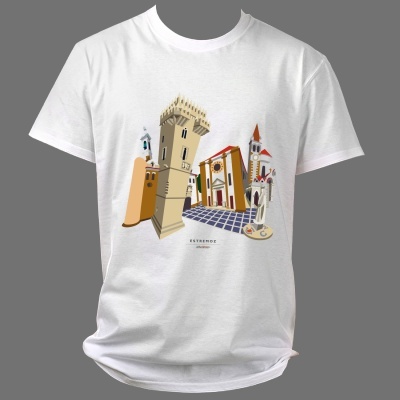 T-shirt branca com estampa de edifícios arquitetónicos coloridos e texto ESTREMOS.