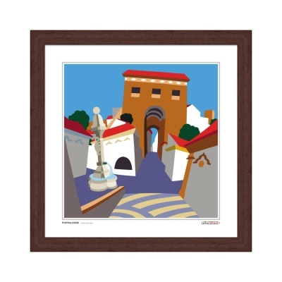 Ilustração de casas brancas com telhados vermelhos em fundo azul claro, com pavimento listrado e moldura castanho escuro.