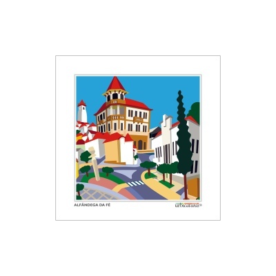 Ilustração colorida de edifícios e ruas urbanas com texto ALFÂNDEGA DA FÉ