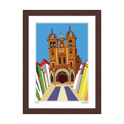 Quadro com gravura de edifício histórico e casas coloridas