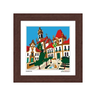 Ilustração colorida de edifícios em Sabrosa com moldura castanha