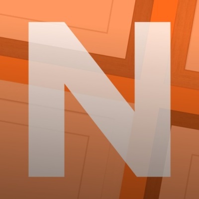 Letra N grande translúcida sobre fundo geométrico laranja