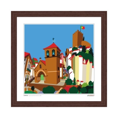 Imagem gráfica de cidade colorida com edifícios e árvores, moldura castanha