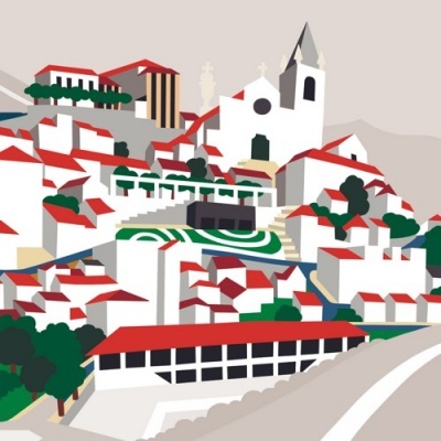 Ilustração de vila com casas brancas, telhados vermelhos, igreja branca e árvores verdes