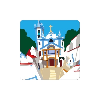 Ilustração de uma igreja branca com detalhes azuis e telhados vermelhos em cenário com árvores verdes