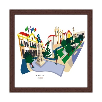 Ilustração colorida de Anadia com edifícios, bandeiras e árvores numa moldura de madeira