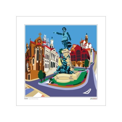 Ilustração digital colorida de praça urbana com estátua azul e edifícios históricos