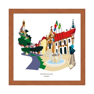 Ilustração decorativa de edifícios históricos em Mangualde com fonte, bandeiras e busto, moldura em madeira