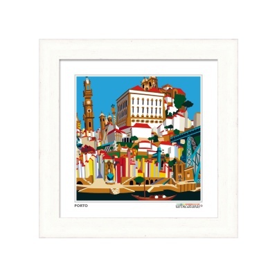 Quadro decorativo com imagem colorida do Porto e assinatura