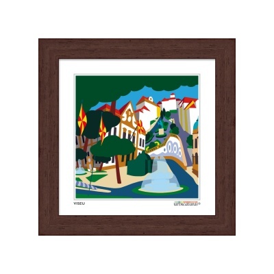 Ilustração colorida de Viseu em moldura de madeira escura