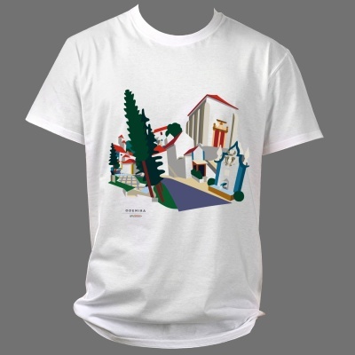 T-shirt branca com ilustração geométrica colorida e texto 