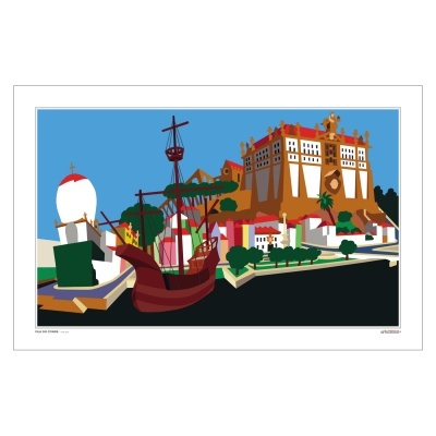 Ilustração com barco de madeira vermelho e edifício castanho grande com detalhes brancos e vermelhos