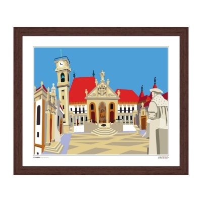 Ilustração digital de praça histórica com edifícios e torre com relógio