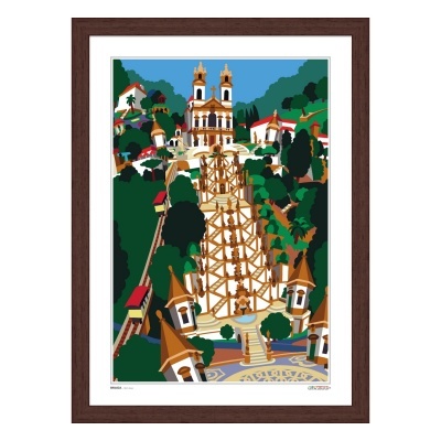 Ilustração colorida de uma escadaria monumental com igreja ao fundo em quadro com moldura de madeira