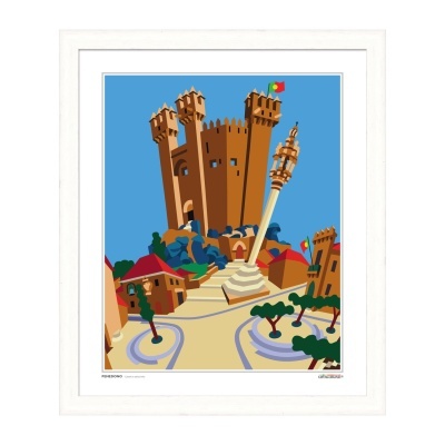 Ilustração colorida de castelo português com torre e bandeira sobre fundo azul