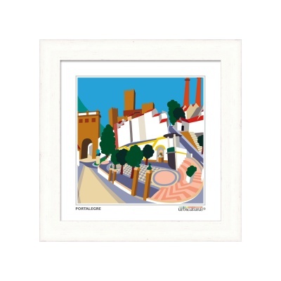 Quadro decorativo com ilustração estilizada colorida de Portalegre em moldura branca